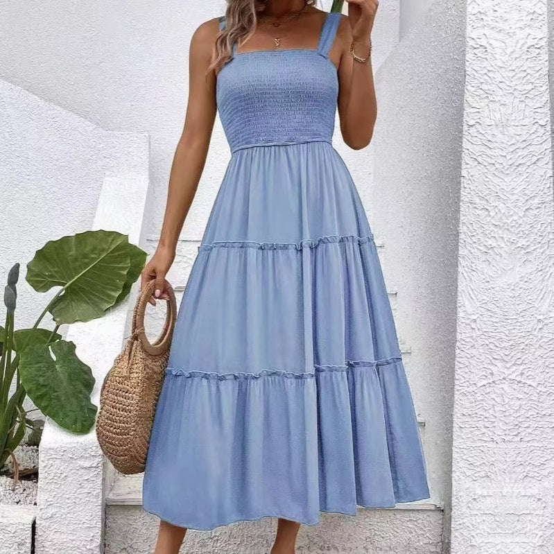 Damen Maxikleid mit elastischem Bustier und fließendem Rock EB
