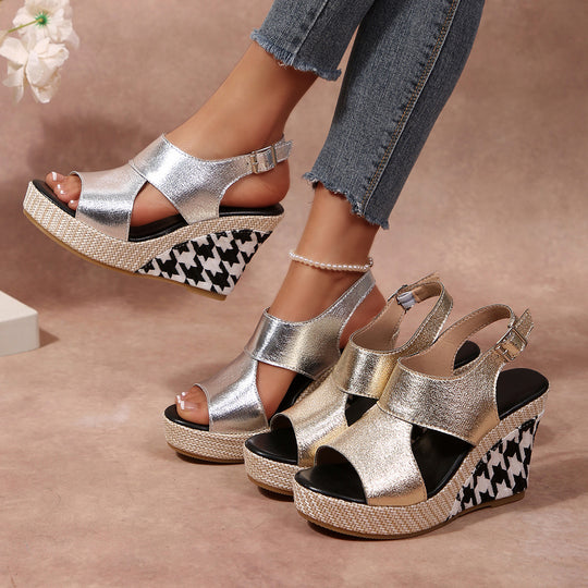 Damen Wedge-Sandalen mit modischem Hahnentritt-Design EB