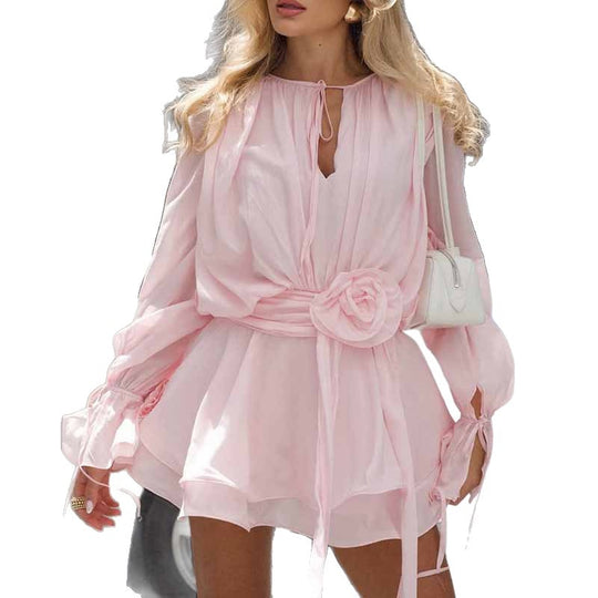 Damen Minikleid mit voluminösen Ärmeln und charmantem Taillengürtel EB