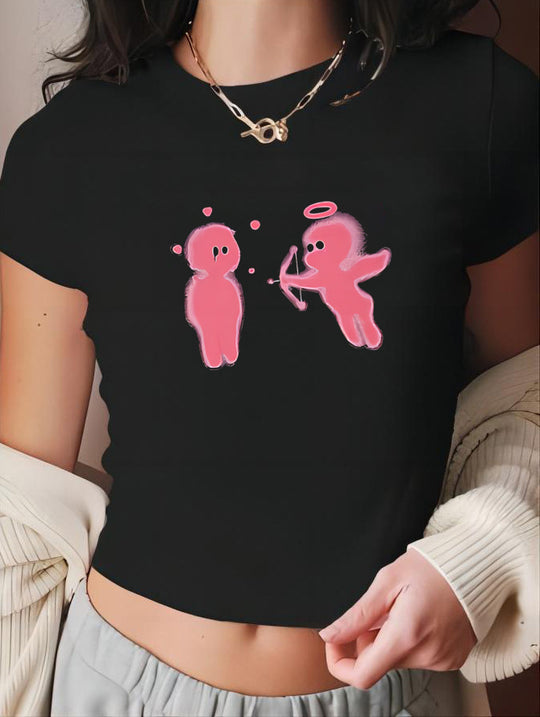 Damen figurbetontes Kurzarm-T-Shirt mit verspieltem Aufdruck EB