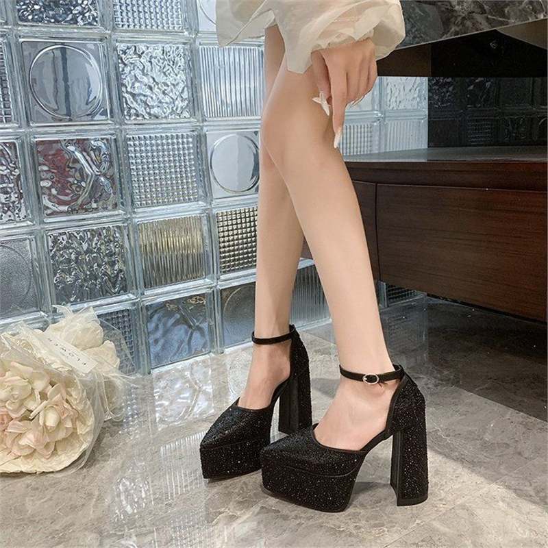 Damen Plateau-Pumps mit glitzerndem Strass-Design EB