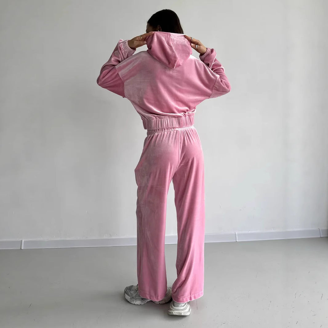 Damen weiches Velours-Lounge-Set mit kurzer Reißverschluss-Kapuzenjacke und weiter High-Waist-Hose EB