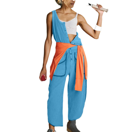 Damen sportlicher Jumpsuit mit asymmetrischem Schnitt und praktischem Knopfdetail EB