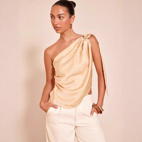 Damen asymmetrisches Satin-Oberteil mit drapiertem Abschluss EB