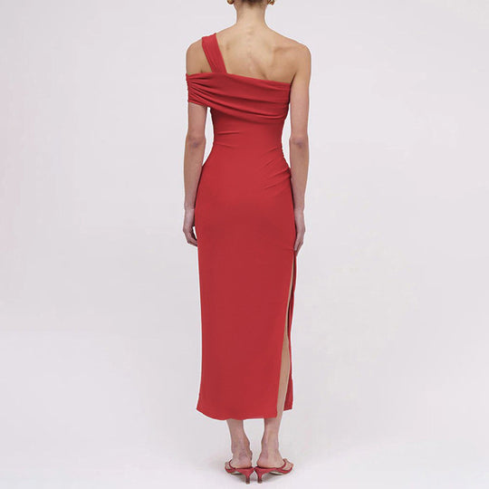 Damen Elegantes Maxi-Kleid mit asymmetrischem Ausschnitt und figurformendem Drapierungsdesign EB