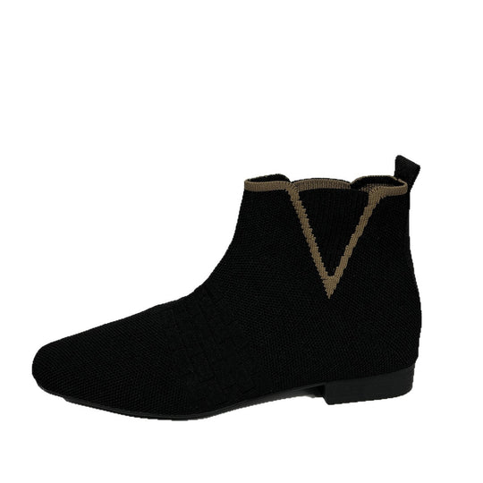 Damen nan gestrickte Sock-Stiefelette mit elastischem V-Einsatz, Zugschlaufe und flachem Blockabsatz EB