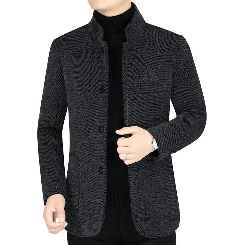 Herren Sakko-Jacke im Blazer-Look mit Stehkragen und Fischgrätstruktur EB