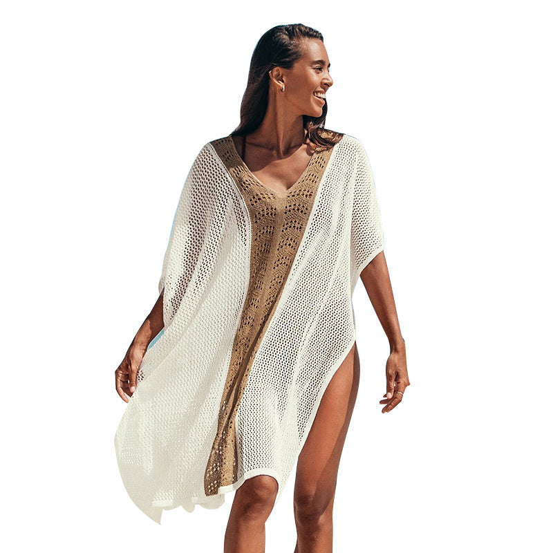 Damen Strandkleid mit romantischem Häkelmuster und voluminösen Ärmeln EB