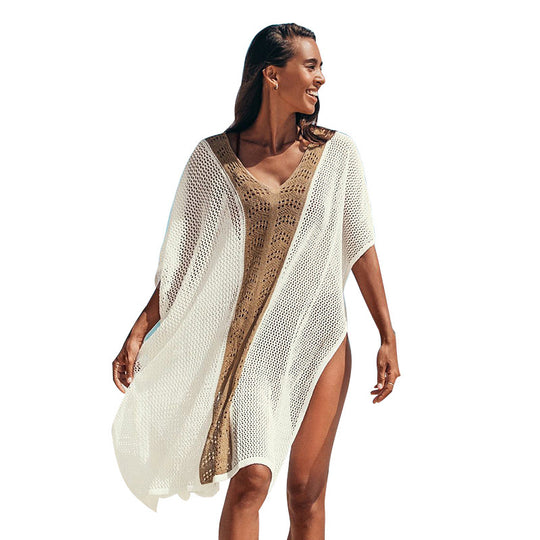 Damen Strandkleid mit romantischem Häkelmuster und voluminösen Ärmeln EB