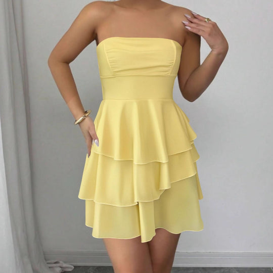 Damen Schulterfreies Rüschenkleid mit schwingendem Saum und elegantem Design EB