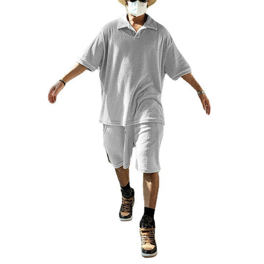 Herren nan urbanes weites Freizeit-Set mit Henley-Kragen, verlängertem weit geschnittenem Shirt und knielangen Jersey-Shorts EB