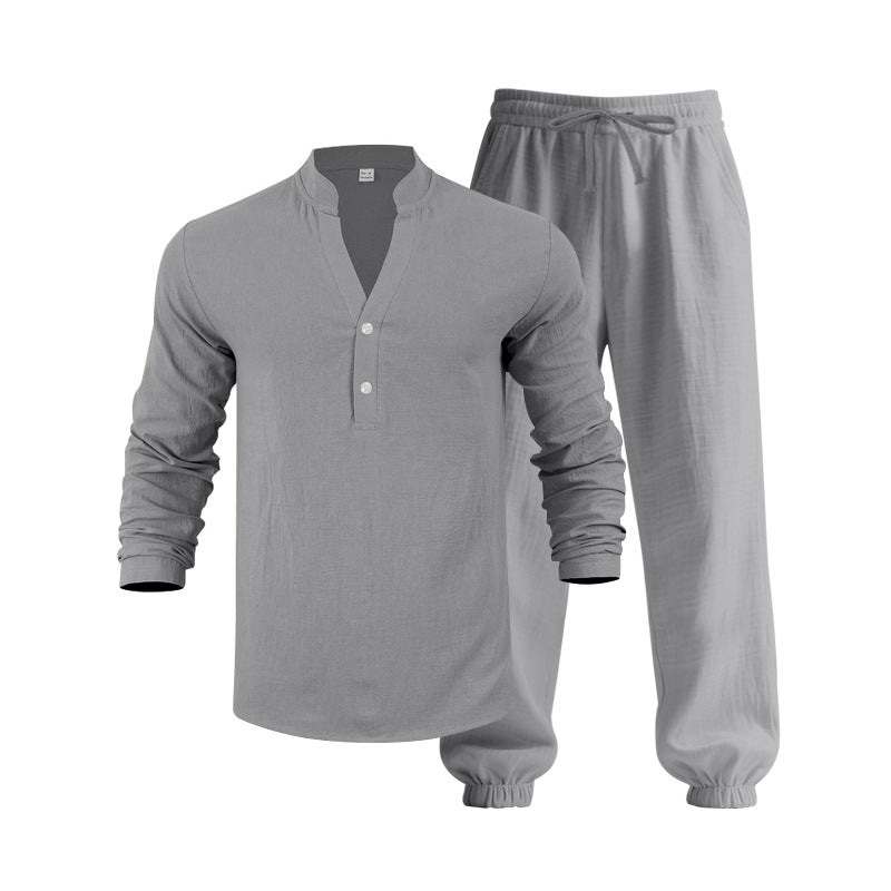 Herren lässiges langärmliges Oberteil mit Knopfleiste und entspannter Jogginghose EB
