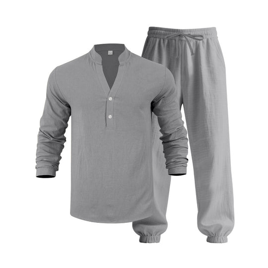 Herren lässiges langärmliges Oberteil mit Knopfleiste und entspannter Jogginghose EB