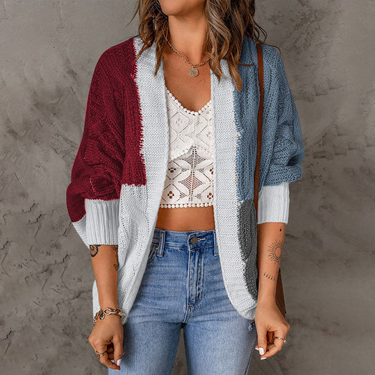 Damen lässige Strickjacke mit buntem Patchwork-Design und weitem Schnitt EB