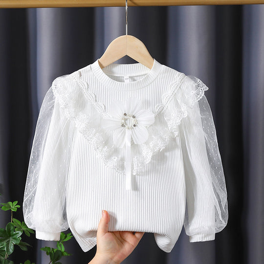 Mädchen Langarmshirt mit elegantem Tüllbesatz und Blumendekor EB
