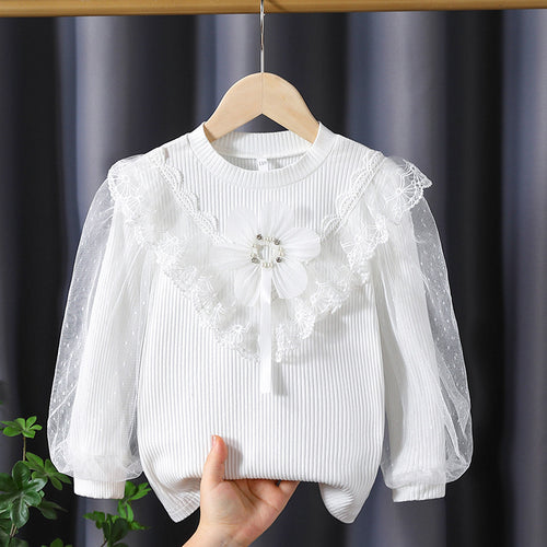 Mädchen Langarmshirt mit elegantem Tüllbesatz und Blumendekor EB