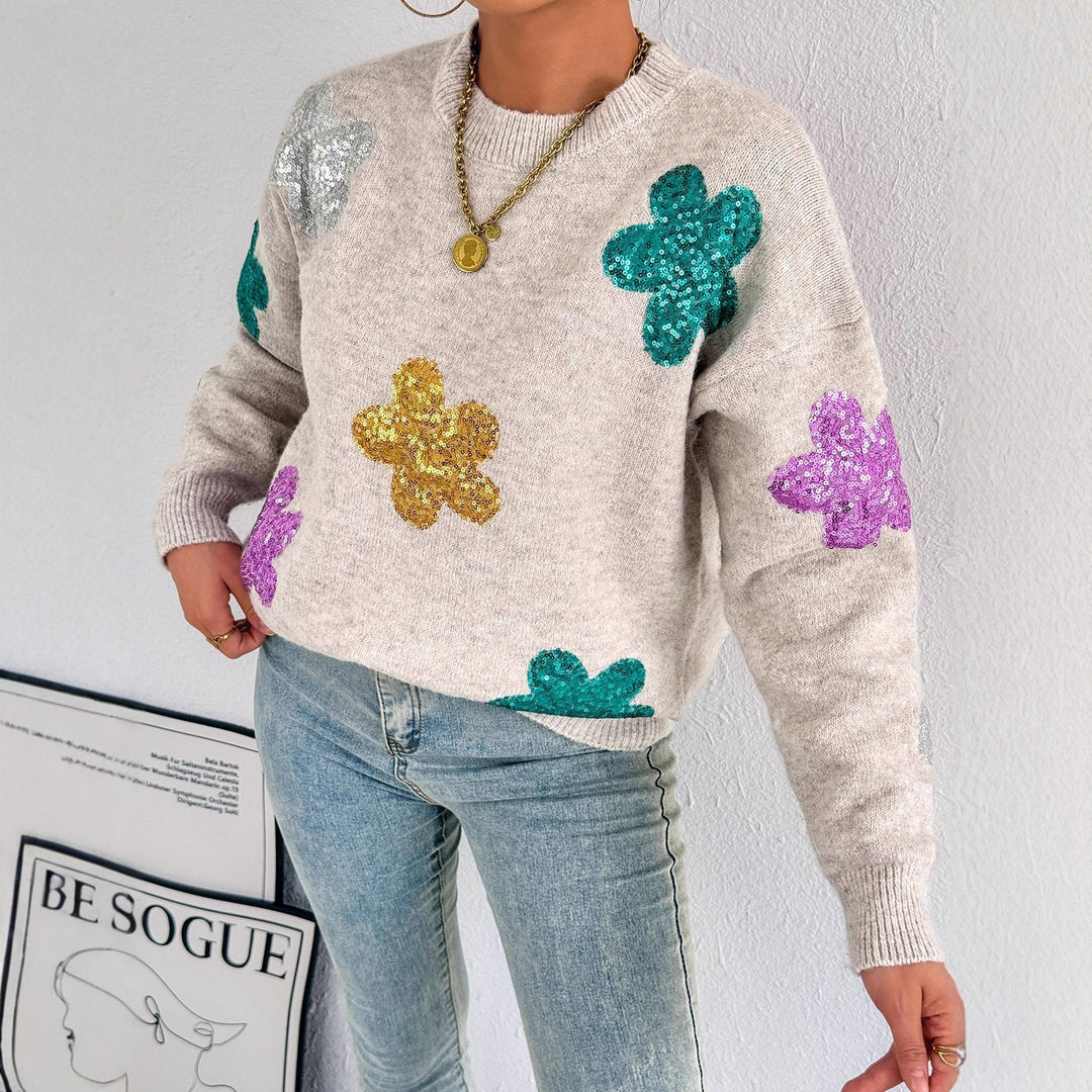 Damen Strickpullover mit glitzernden Blütenapplikationen EB