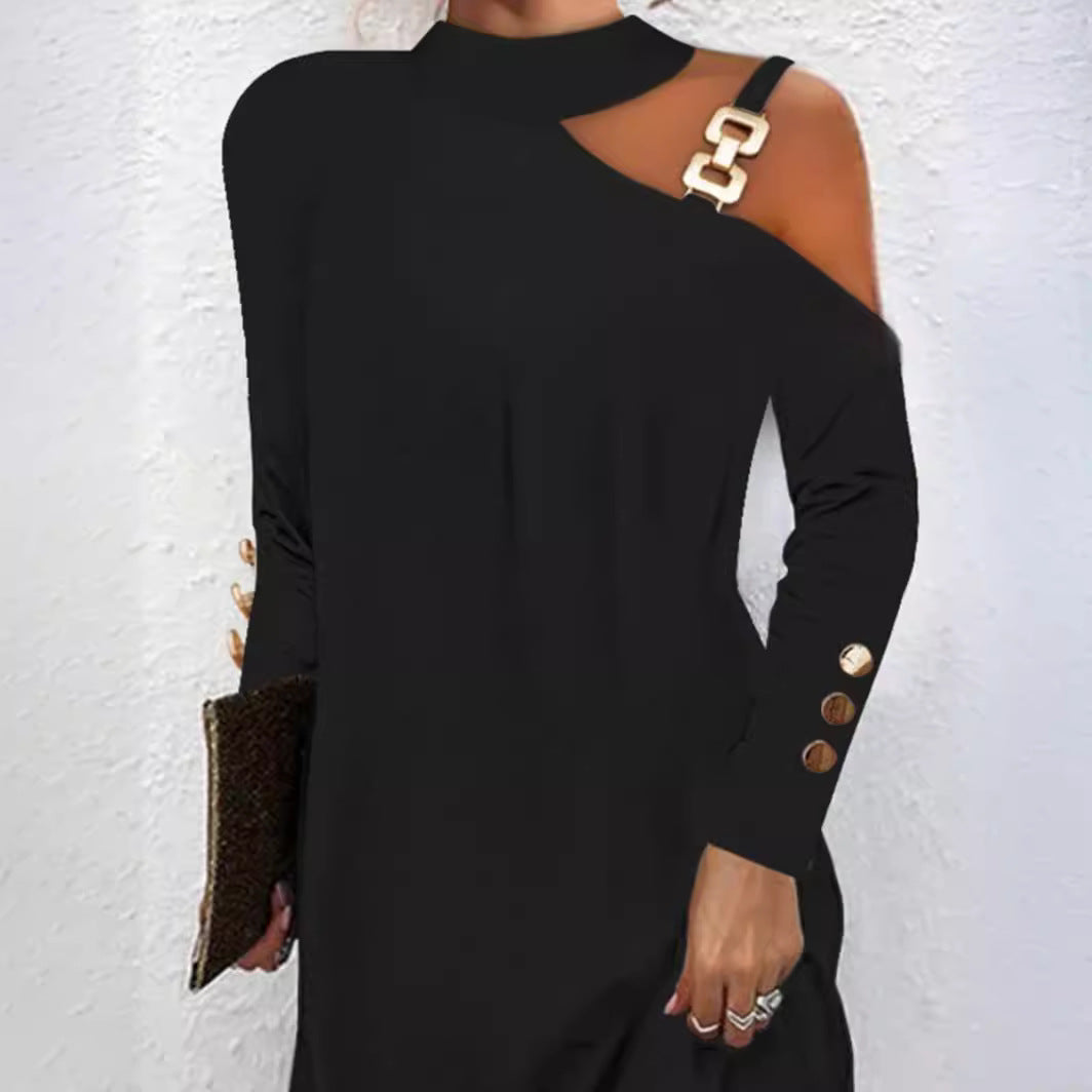 Damen nan asymmetrisches Minikleid mit Stehkragen, Cut-Out-Schulter und Zierkettenträger EB