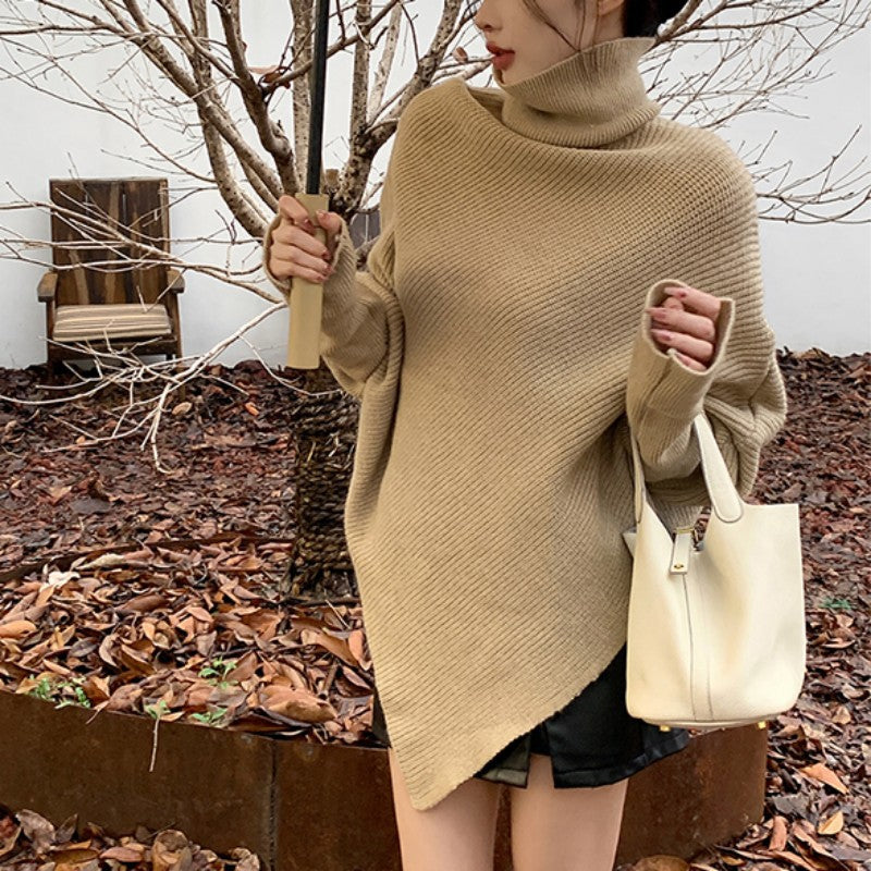 Damen Strickpullover mit asymmetrischem Schnitt und hohem Kragen EB