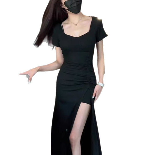 Damen figurbetontes langes Kleid mit schickem Raffungseffekt und hohem Schlitz EB