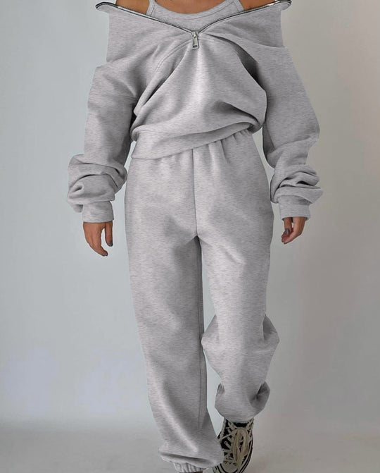 Damen Lässiger Oversized-Hoodie und Jogginghose Set mit Praktischem Reißverschluss EB