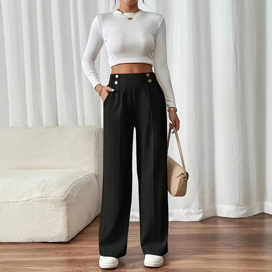 Damen Weit geschnittene Plissee-Hose mit elastischem Bund und praktischen Taschen EB