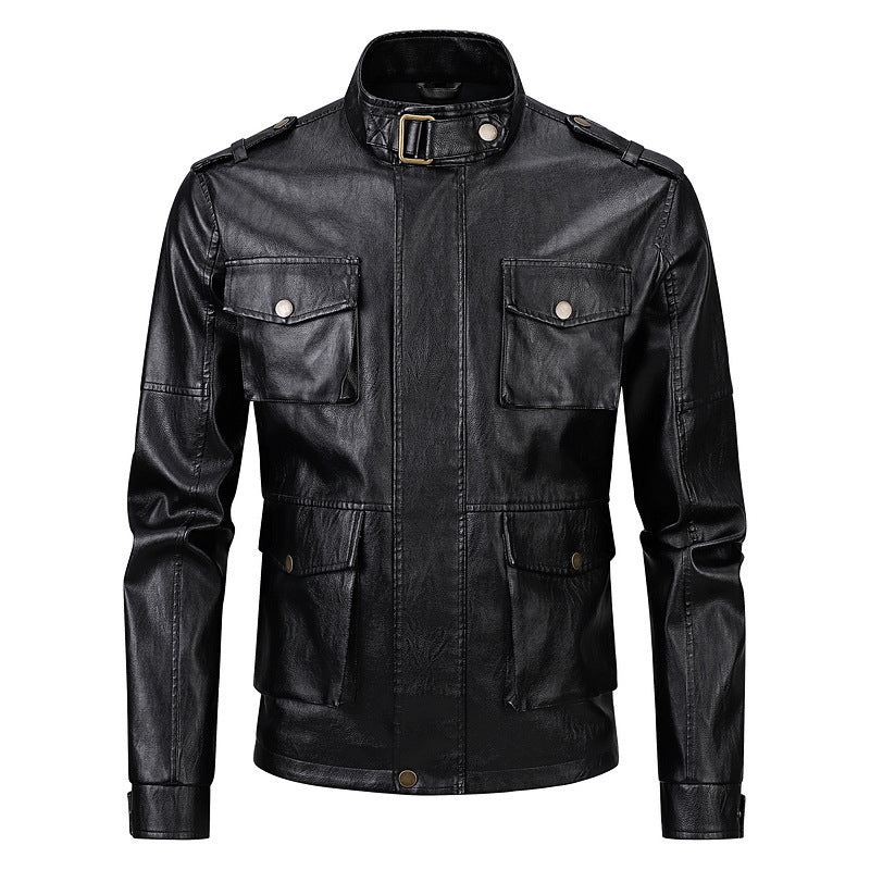 Herren Militärjacke aus Kunstleder mit praktischen Taschen und hohem Kragen EB