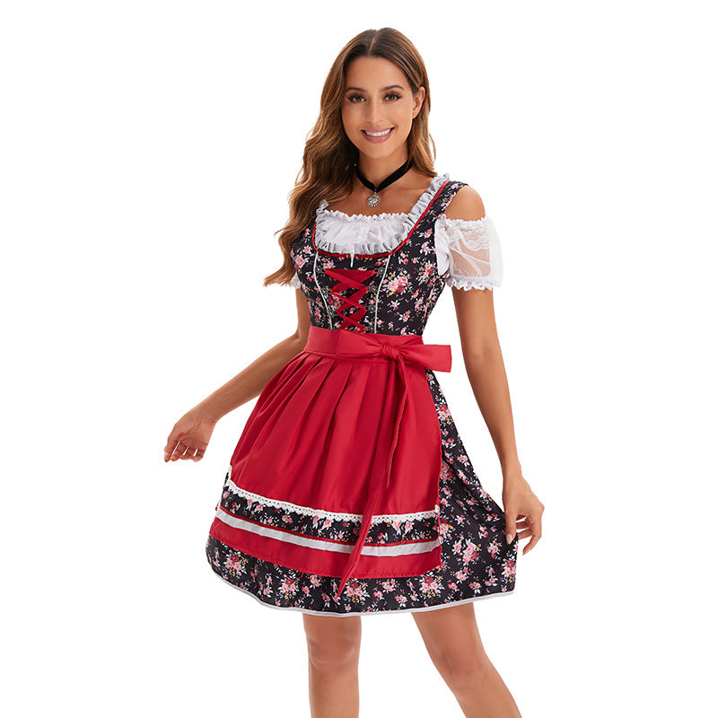 Damen nan kurzes traditionelles Dirndl mit floraler Musterung, Schnürung und Spitzenbluse EB