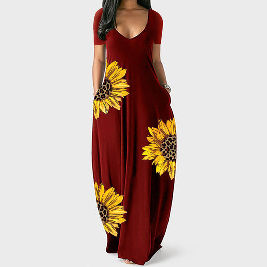 Damen Maxikleid mit floralen Akzenten und praktischen Taschen EB