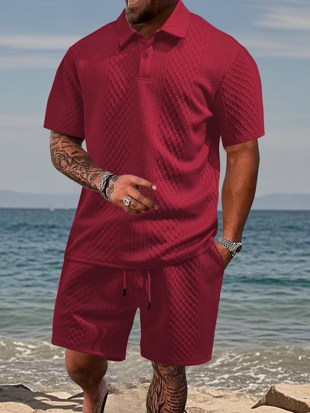 Herren nan geprägtes Strand-Ensemble mit offenem Kurzarm-Hemd und Kordel-Bermuda EB