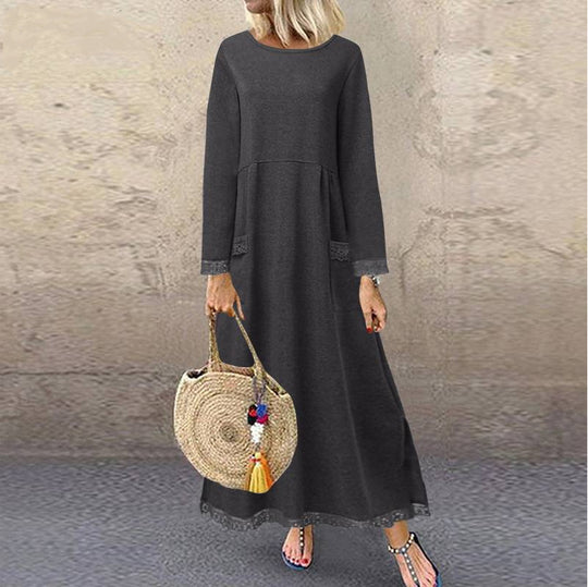 Damen nan Maxikleid mit lockerem A‑Linien Schnitt, Rundhalsausschnitt, aufgesetzten Eingrifftaschen und zierlichem Spitzenbesatz EB