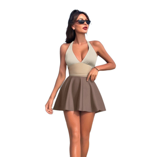 Damen Flatternder Strand-Badeanzug mit V-Ausschnitt und Wickelrock EB