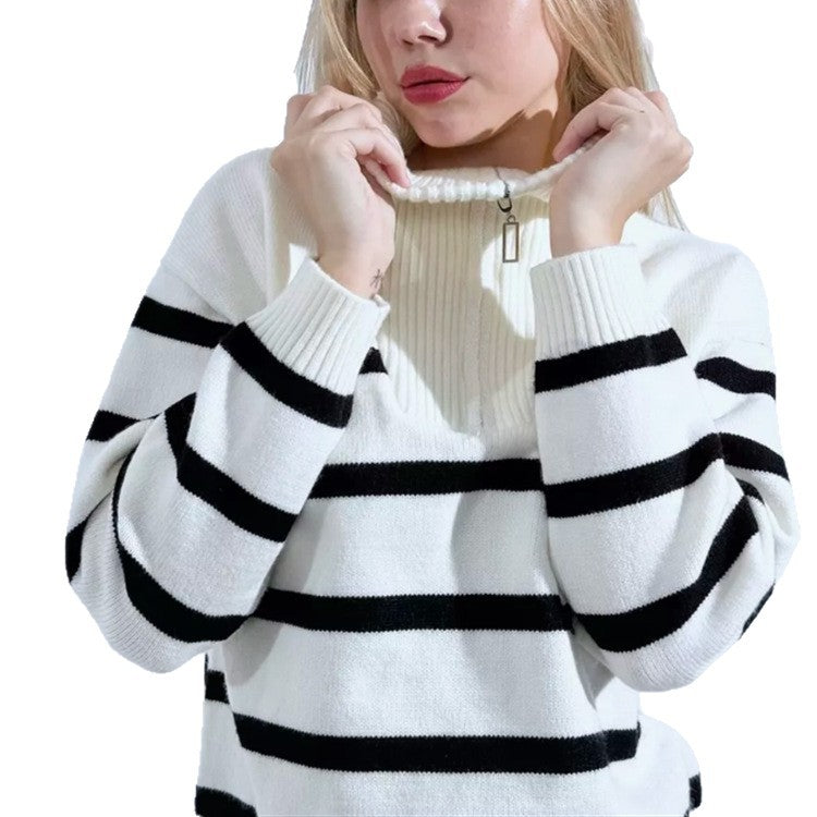 Damen Gestreifter Strickpullover mit kurzem Reißverschluss und Polokragen EB