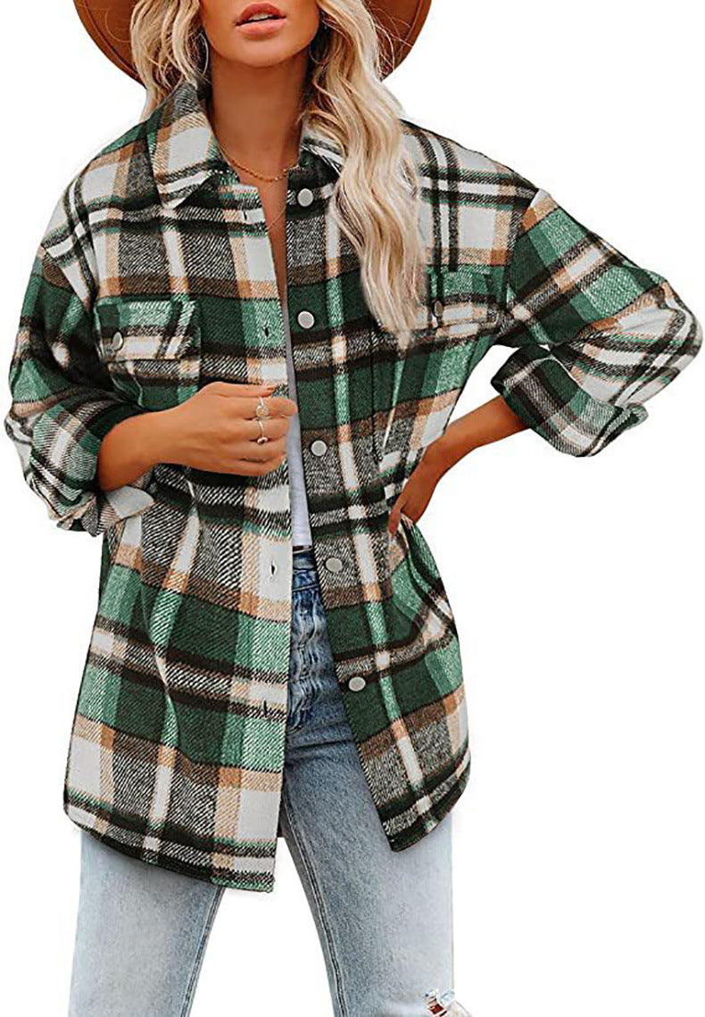 Damen Oversized Hemdjacke mit kariertem Muster und praktischen Taschen EB