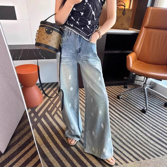 Damen Weite High-Waist Jeans mit modischem Waschdesign EB