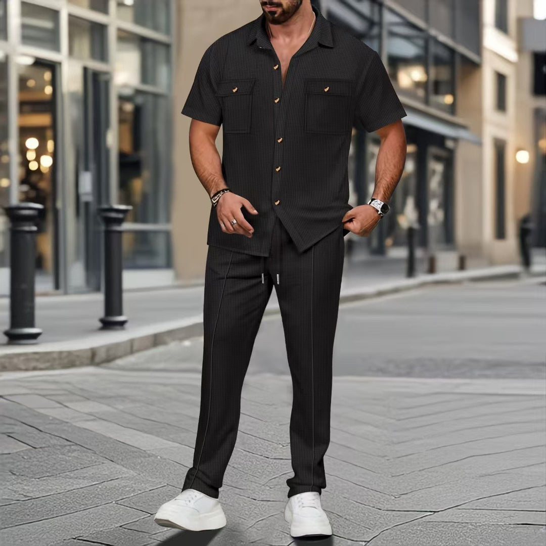 Herren nan lässiger Freizeitanzug mit Kurzarm-Camphemd und schmaler Kordelbundhose EB