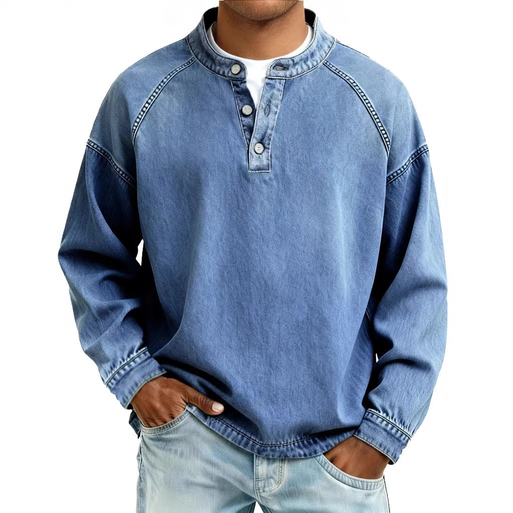 Herren nan verwaschenes Henley-Shirt mit Stehkragen, lockerer Passform und Knopfleiste EB