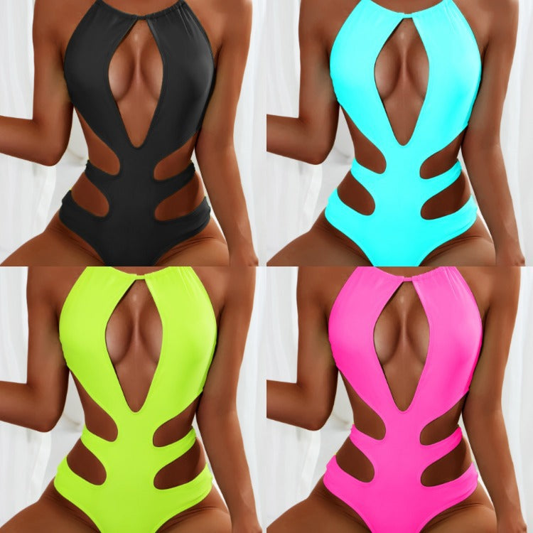 Damen Einteiler Badeanzug mit tiefem V-Ausschnitt und modischen Cut-Out-Details EB