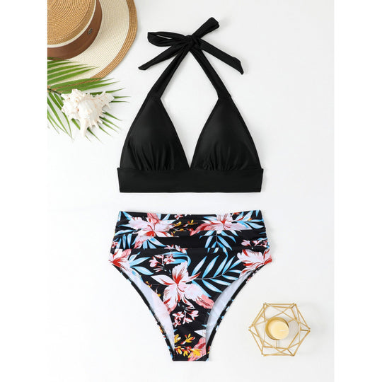 Damen Hochtailliertes Bikini-Set mit floralem Design und Halterneck EB