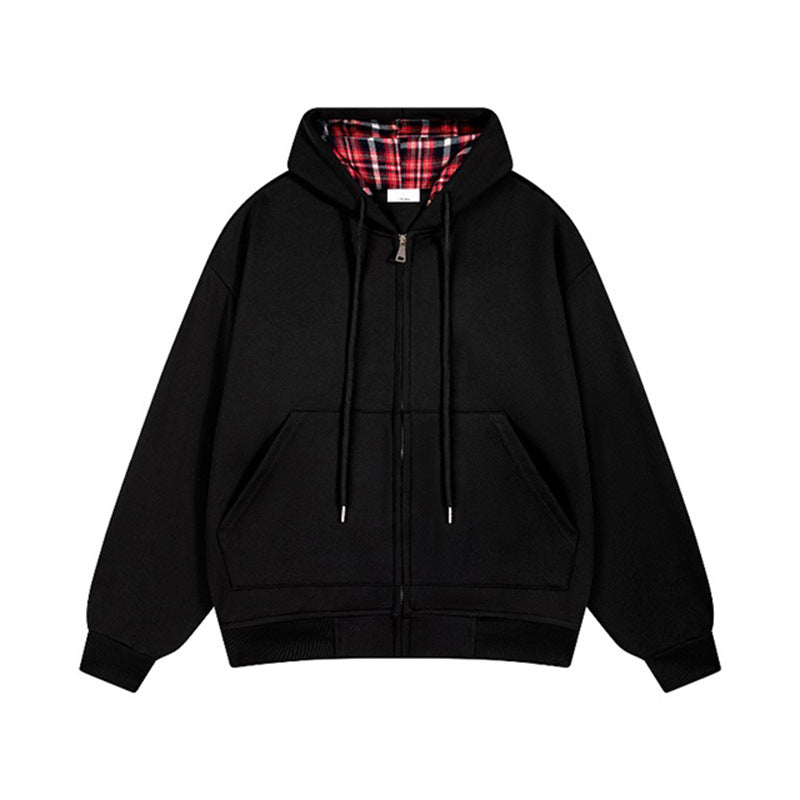 Damen lässige Kapuzenjacke mit Karo-Innenfutter und durchgehendem Reißverschluss EB