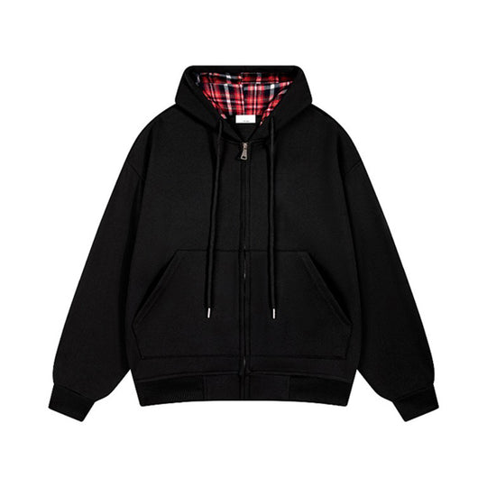 Damen lässige Kapuzenjacke mit Karo-Innenfutter und durchgehendem Reißverschluss EB