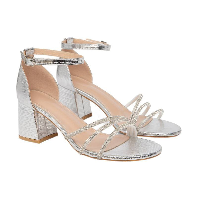 Damen elegante Riemchen-Sandalen mit glitzernden Akzenten und breitem Blockabsatz EB