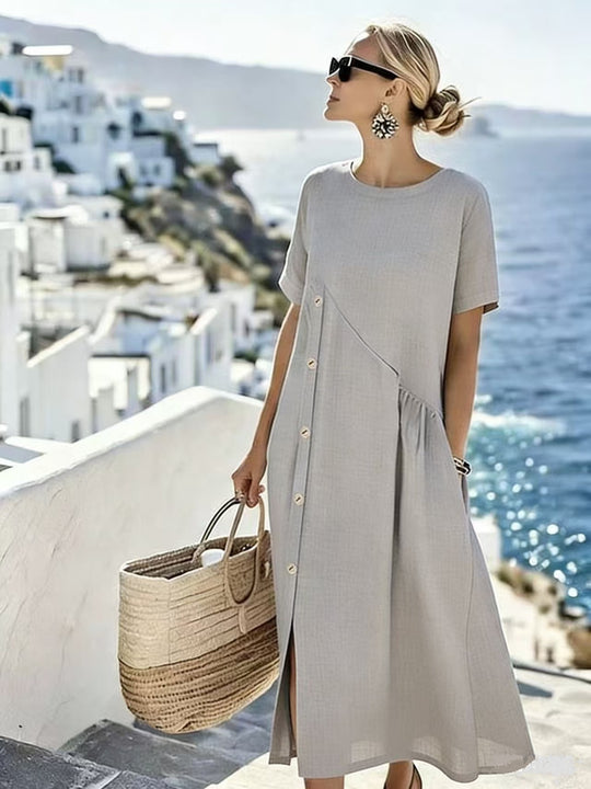 Damen Luftiges Sommerkleid mit seitlicher Knopfleiste, kurzen Ärmeln und Schlitz EB