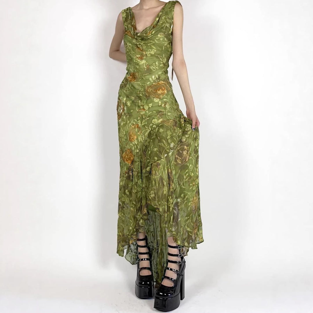 Damen Maxikleid mit asymmetrischem Saum und floralem Design EB