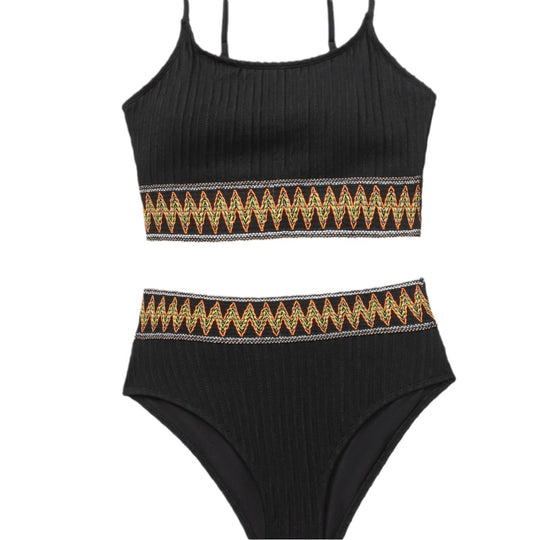 Damen Bikini-Set mit figurbetonendem Rippenmuster und buntem Elastikbund EB