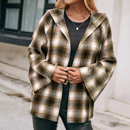 Damen Karo Overshirtjacke im lässigen Stil mit Kapuze und weiten Ärmeln EB
