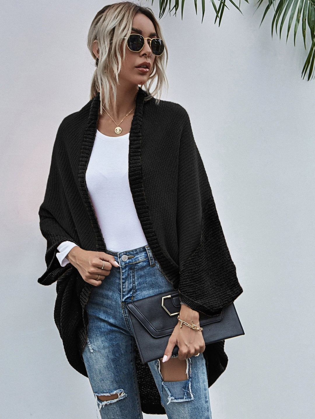 EB | Strickjacke Oversized Passform Wolle Strick Offen Front Fledermausärmel