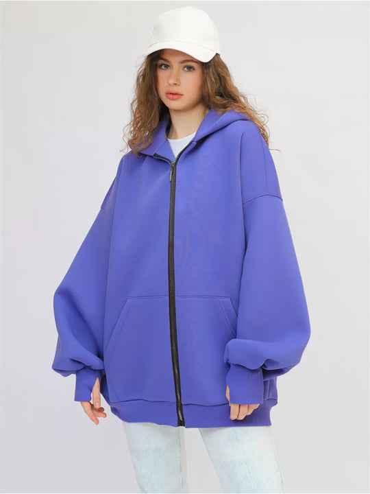Damen lässiger Oversized Zip-Hoodie mit tiefen Taschen EB