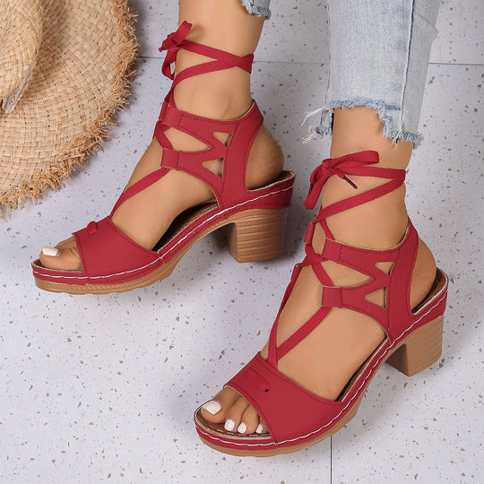 Damen Plateau Sandalen mit modischem Schnürdesign und komfortablem Blockabsatz EB