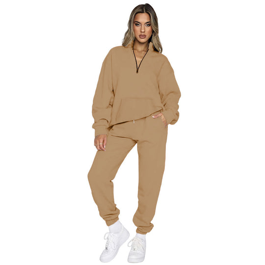 Damen nan French‑Terry Relax‑Loungewear‑Set mit halbem Reißverschluss, Kängurutasche und taillierter, schmal zulaufender Jogginghose EB